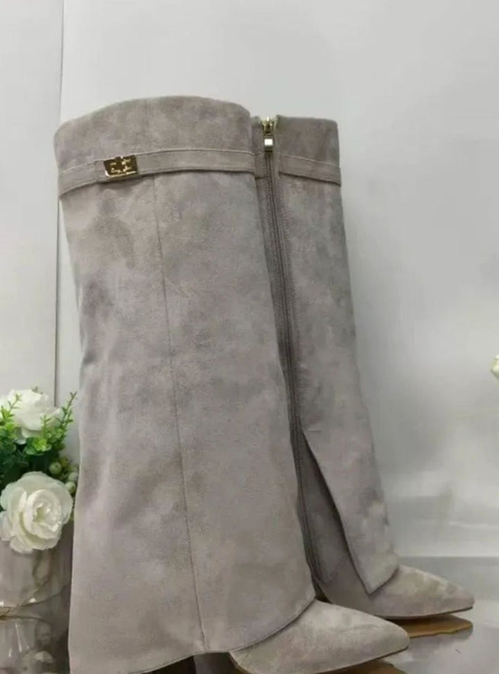 Camila | Women's Suede Fold-Over Knee-High Boots Gold Lock Buckle