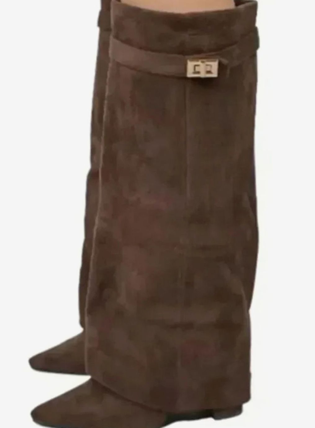 Camila | Women's Suede Fold-Over Knee-High Boots Gold Lock Buckle