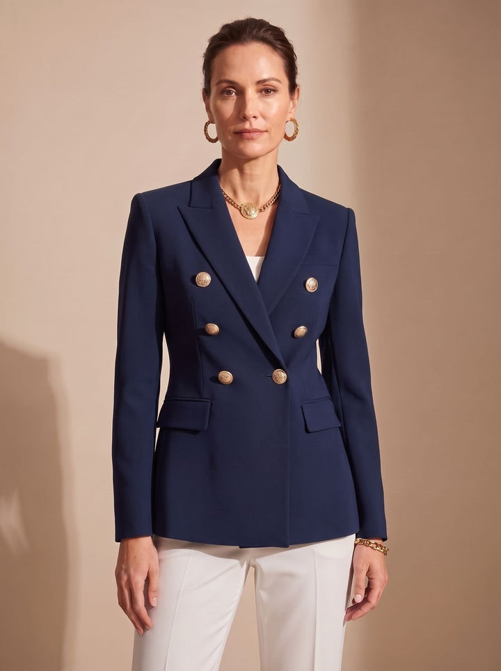 Layla | Women's Tailored Double-Breasted Gold-Button Blazer, Navy Blue