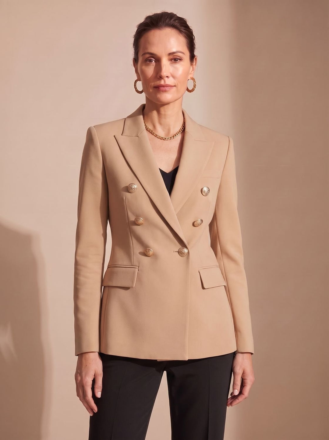 Layla | Women's Tailored Double-Breasted Gold-Button Blazer, Navy Blue