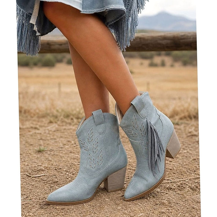 Camila | Women's Tasseled Western Ankle Boots Pointed-Toe Block Heel