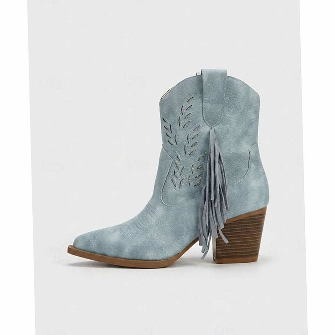 Camila | Women's Tasseled Western Ankle Boots Pointed-Toe Block Heel