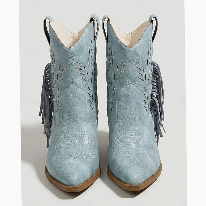 Camila | Women's Tasseled Western Ankle Boots Pointed-Toe Block Heel