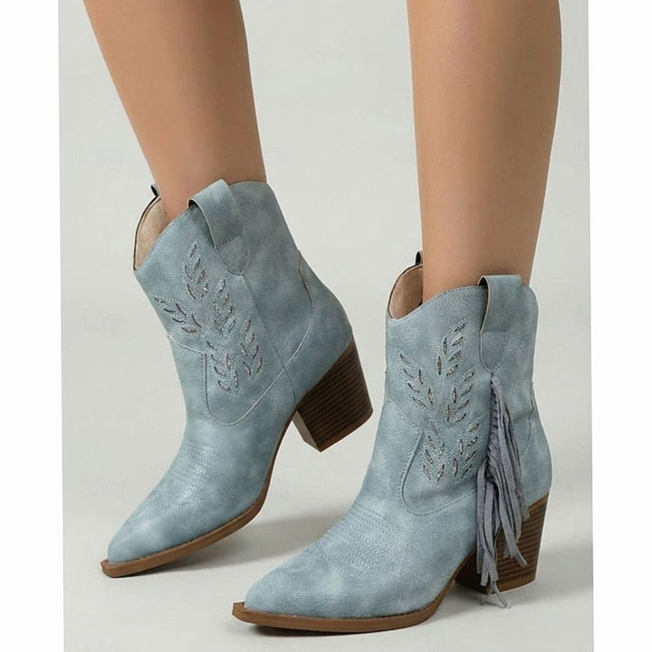 Camila | Women's Tasseled Western Ankle Boots Pointed-Toe Block Heel