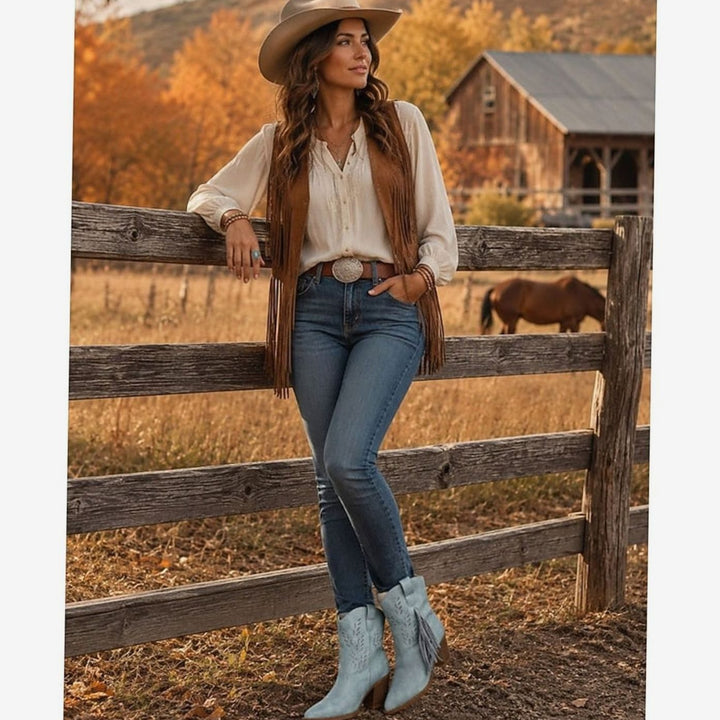 Camila | Women's Tasseled Western Ankle Boots Pointed-Toe Block Heel