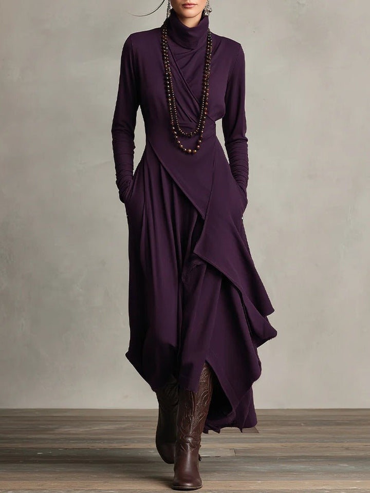 Scarlett | Women's Turtleneck Asymmetric Hem Draped Long Sleeve Dress