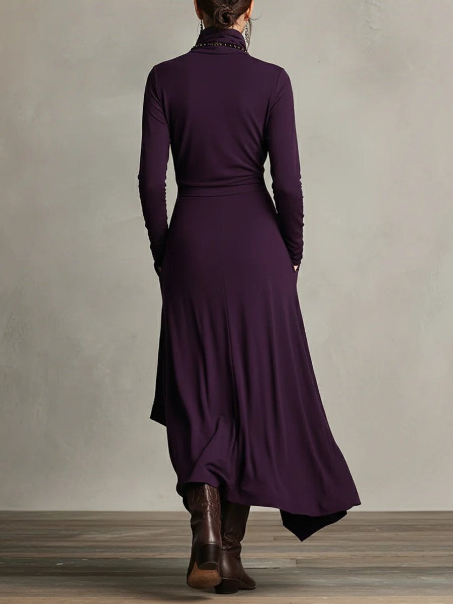 Scarlett | Women's Turtleneck Asymmetric Hem Draped Long Sleeve Dress