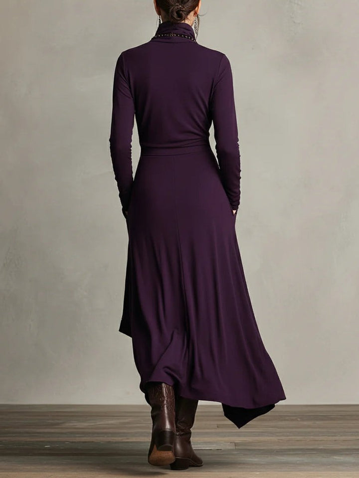 Scarlett | Women's Turtleneck Asymmetric Hem Draped Long Sleeve Dress