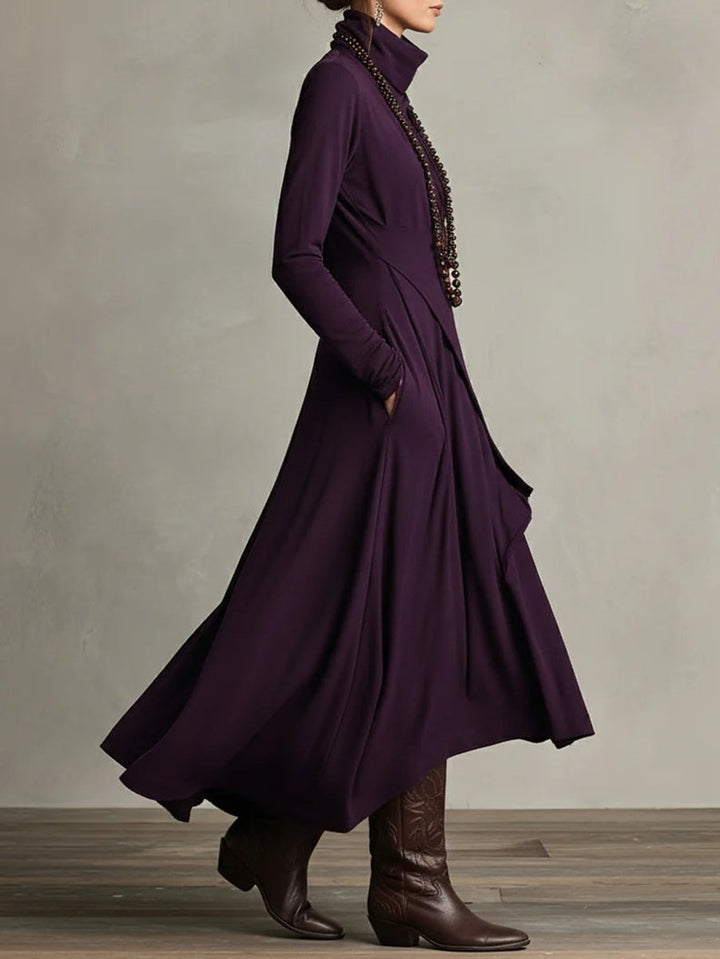 Scarlett | Women's Turtleneck Asymmetric Hem Draped Long Sleeve Dress