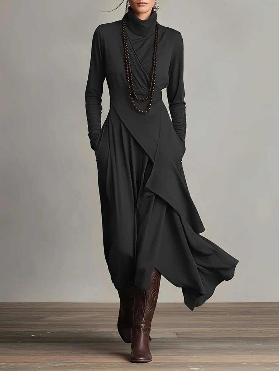Scarlett | Women's Turtleneck Asymmetric Hem Draped Long Sleeve Dress