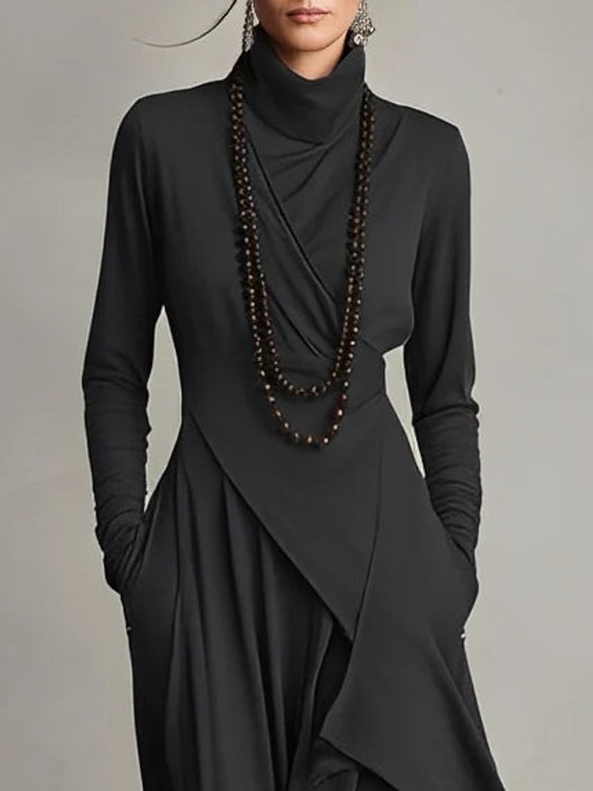Scarlett | Women's Turtleneck Asymmetric Hem Draped Long Sleeve Dress