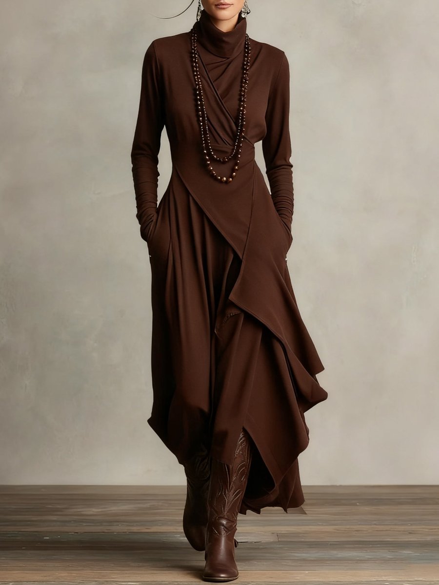 Scarlett | Women's Turtleneck Asymmetric Hem Draped Long Sleeve Dress