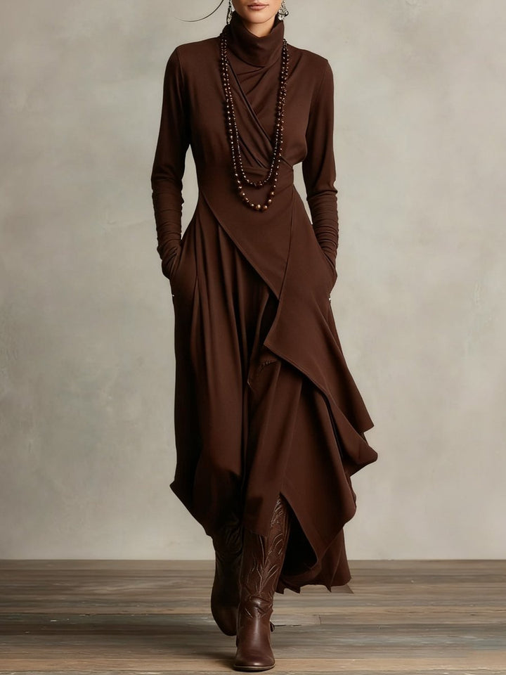 Scarlett | Women's Turtleneck Asymmetric Hem Draped Long Sleeve Dress