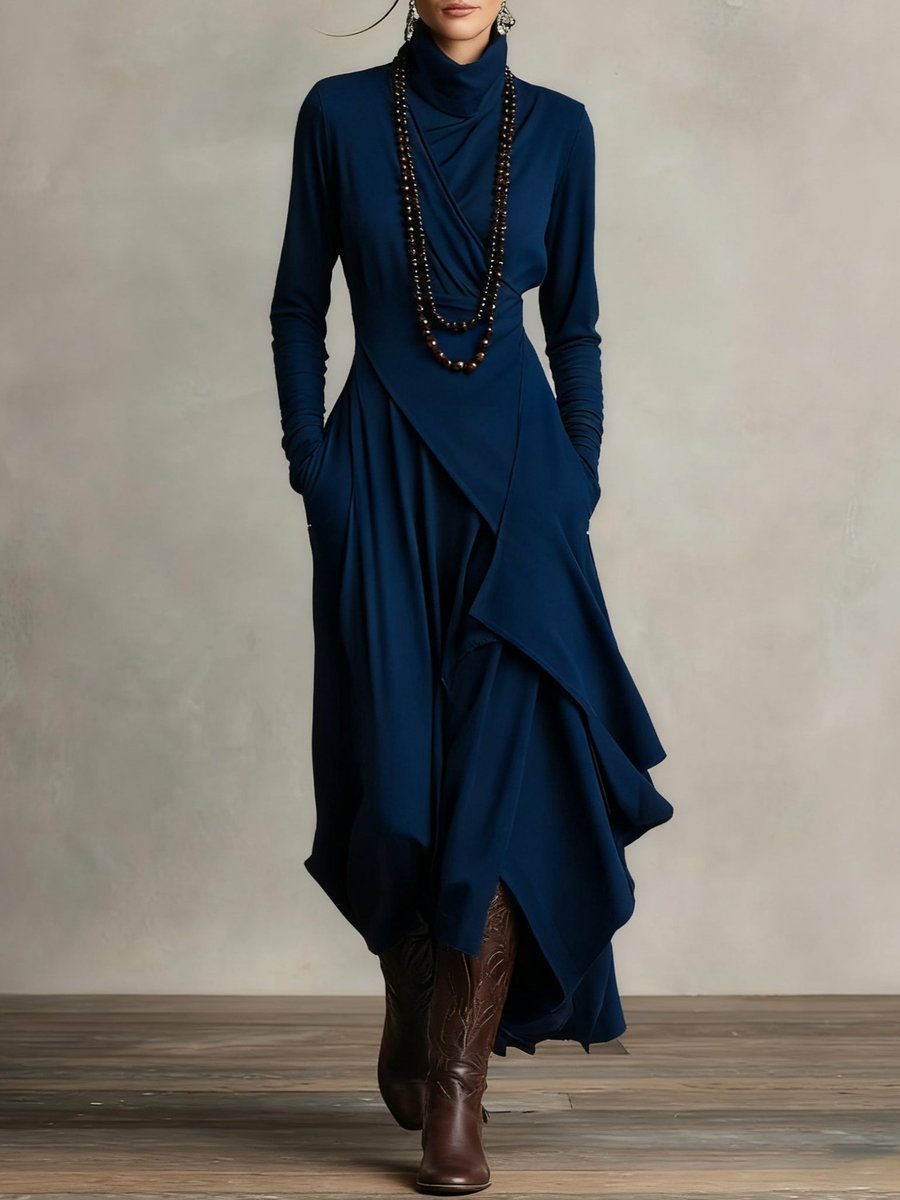 Scarlett | Women's Turtleneck Asymmetric Hem Draped Long Sleeve Dress