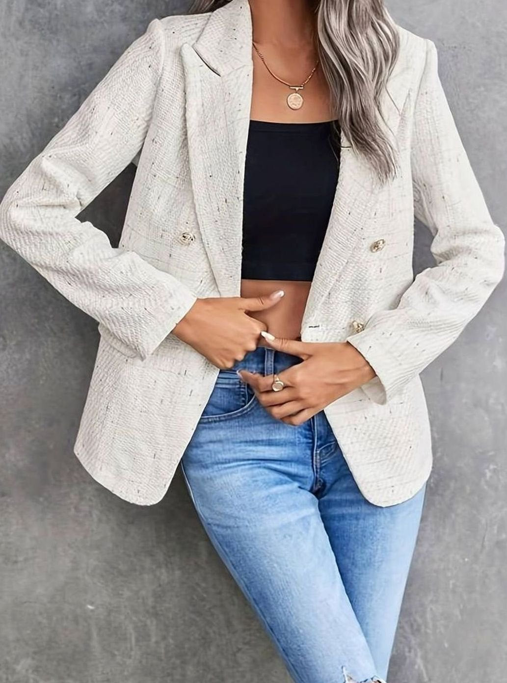 Isabella | Women's Tweed Double-Breasted Blazer Structured Long-Sleeve Jacket