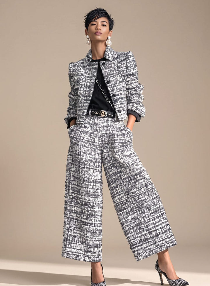 Amelia | Women's Tweed Two-Piece Wide-Leg Cropped Pants Blazer Set