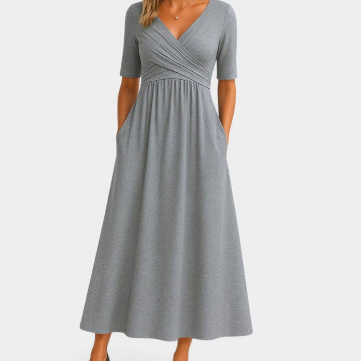 Camila | Women's V-Neck A-Line Midi Autumn Dress Ruched Waist