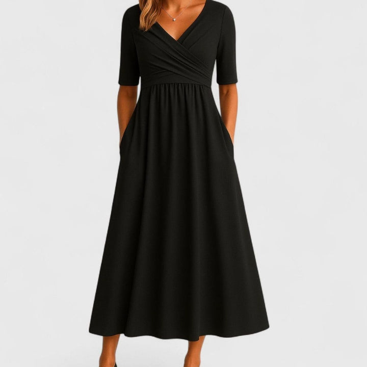 Camila | Women's V-Neck A-Line Midi Autumn Dress Ruched Waist