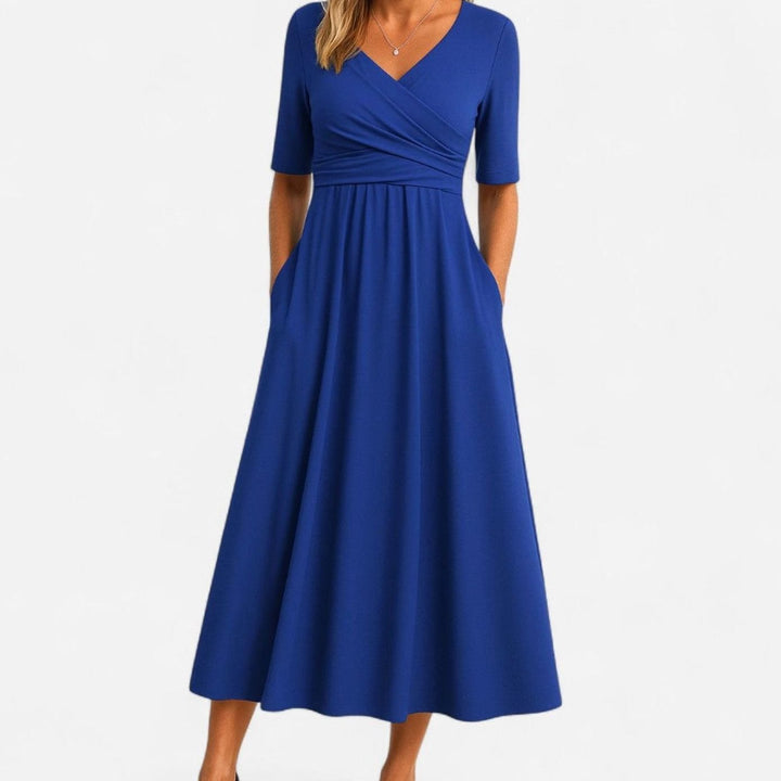 Camila | Women's V-Neck A-Line Midi Autumn Dress Ruched Waist