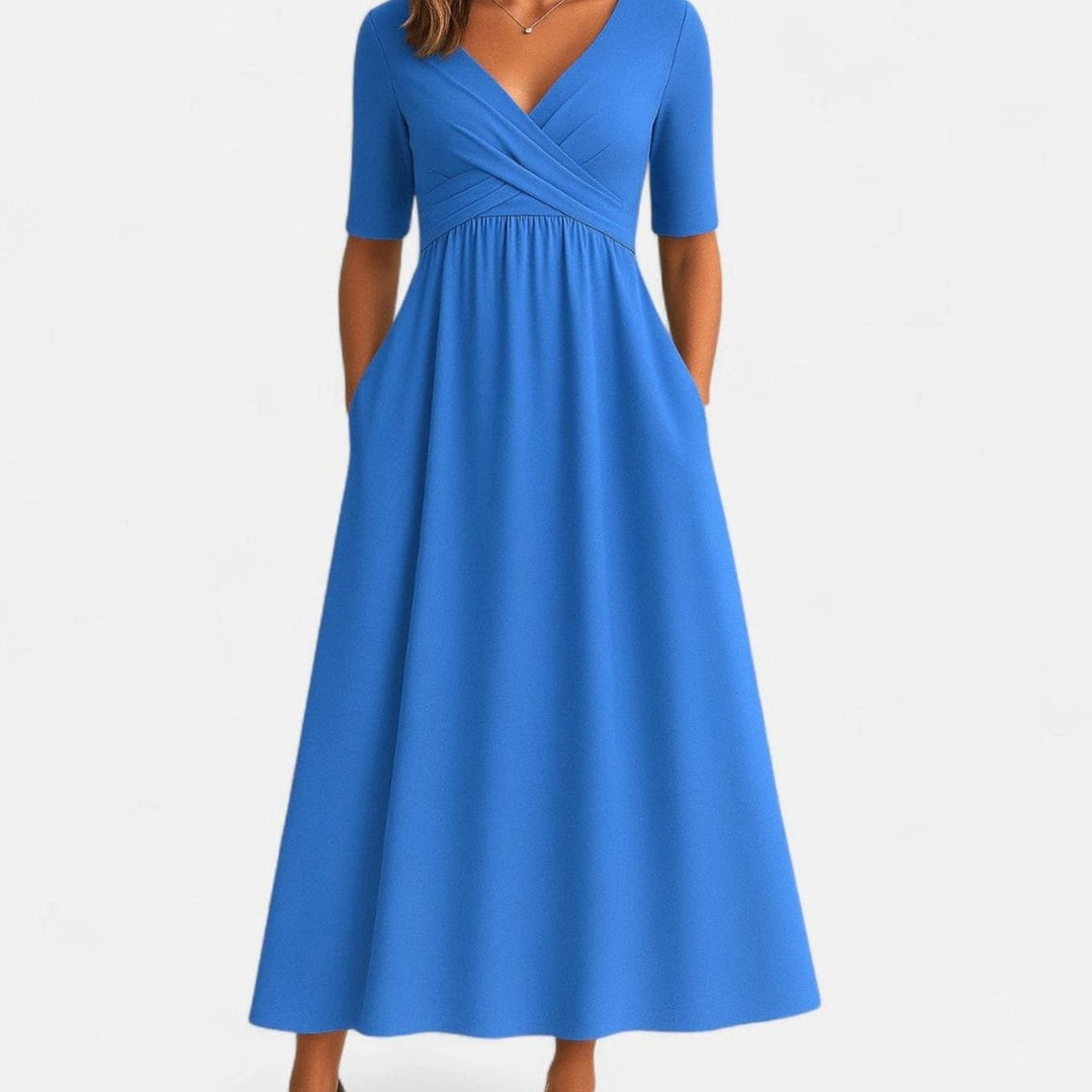 Camila | Women's V-Neck A-Line Midi Autumn Dress Ruched Waist
