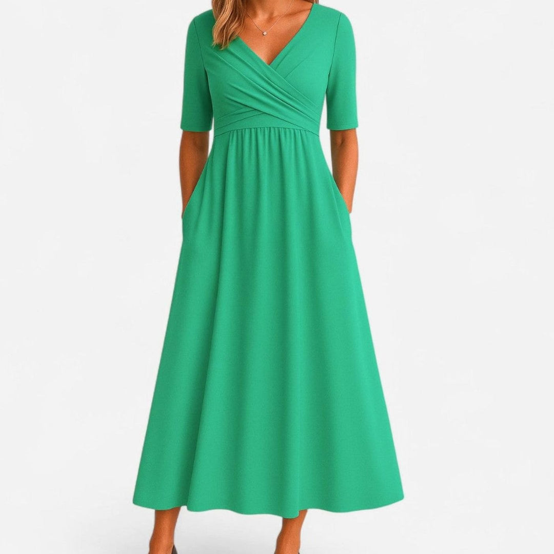 Camila | Women's V-Neck A-Line Midi Autumn Dress Ruched Waist