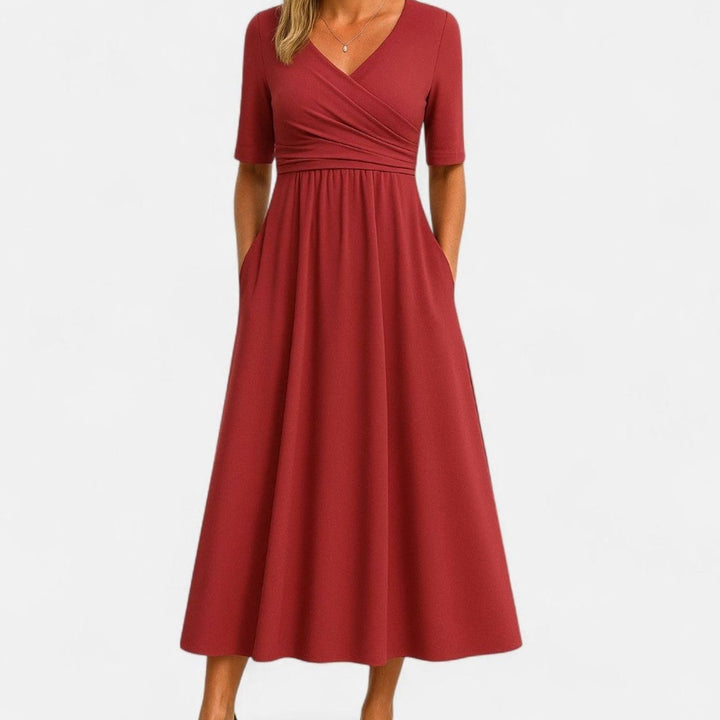 Camila | Women's V-Neck A-Line Midi Autumn Dress Ruched Waist