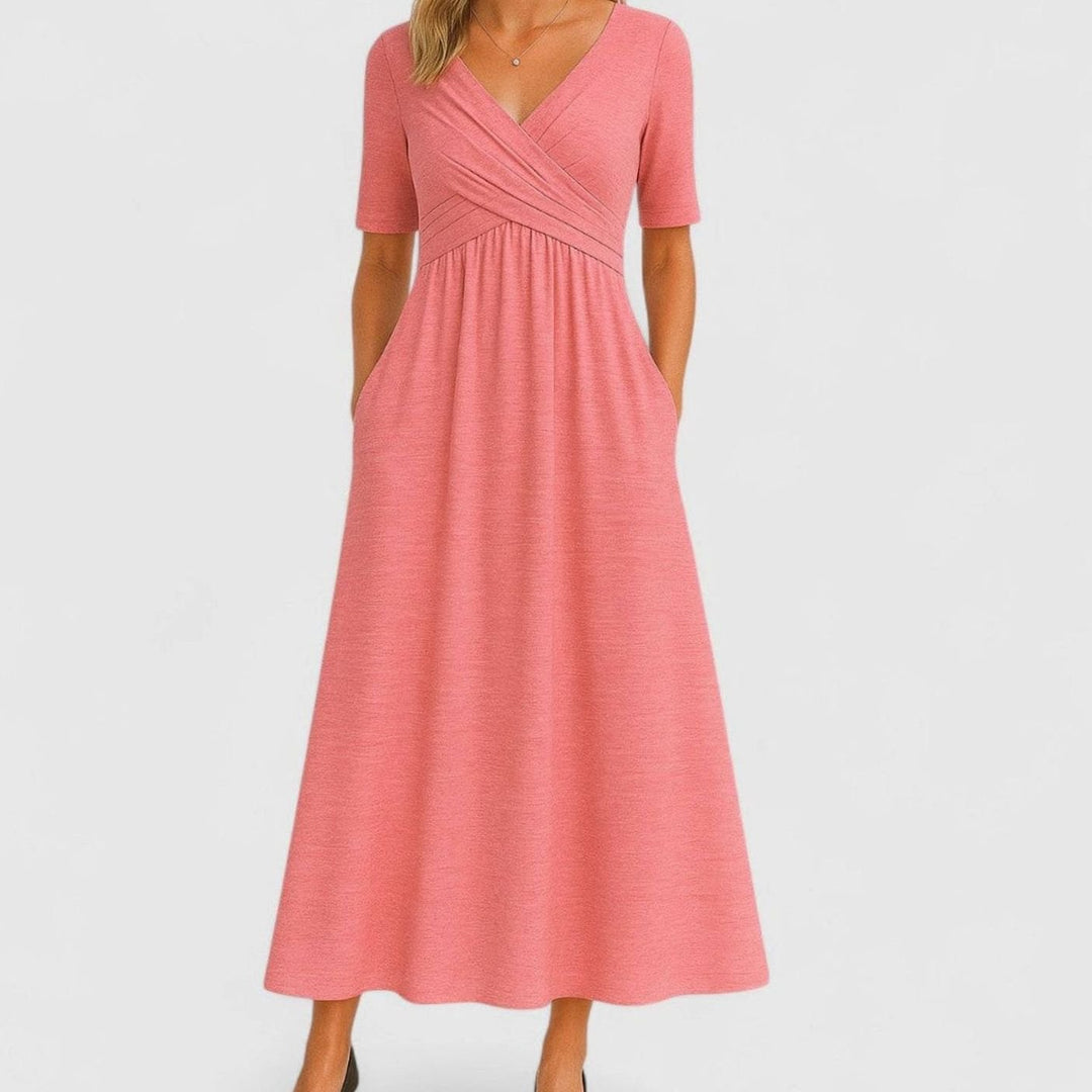 Camila | Women's V-Neck A-Line Midi Autumn Dress Ruched Waist