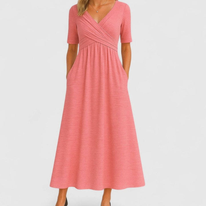 Camila | Women's V-Neck A-Line Midi Autumn Dress Ruched Waist