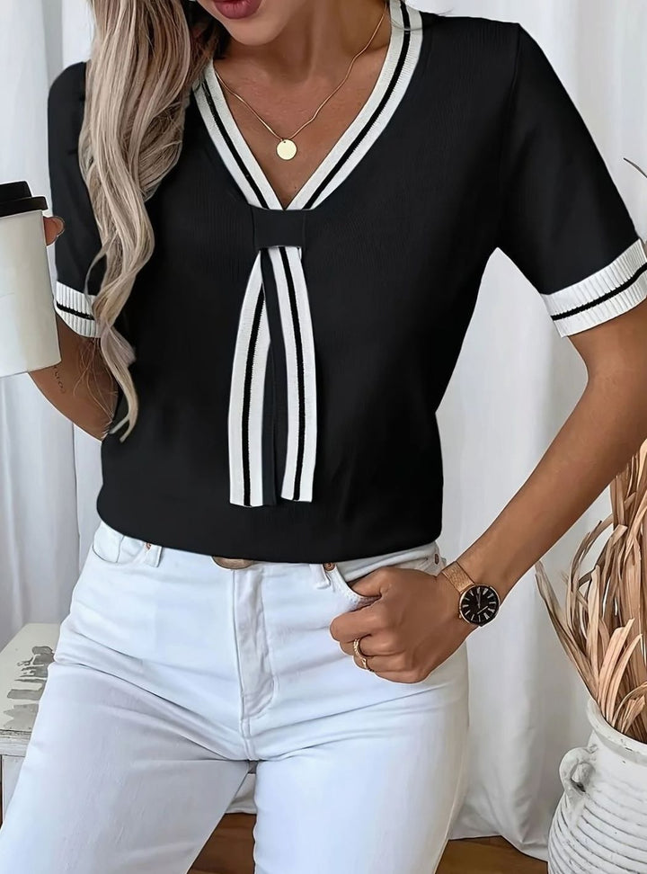 Grace | Women's V-Neck Contrast-Trim Tie-Front Short-Sleeve Sweater