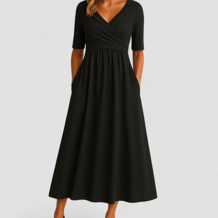 Penelope | Women's V-Neck Crossover Empire-Waist Midi Dress Pockets