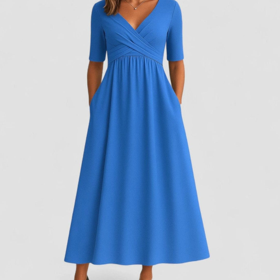 Penelope | Women's V-Neck Crossover Empire-Waist Midi Dress Pockets