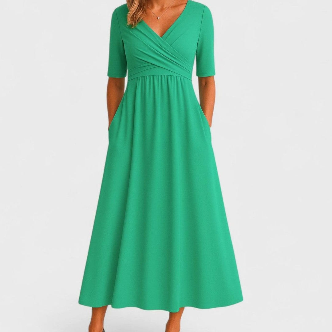 Penelope | Women's V-Neck Crossover Empire-Waist Midi Dress Pockets