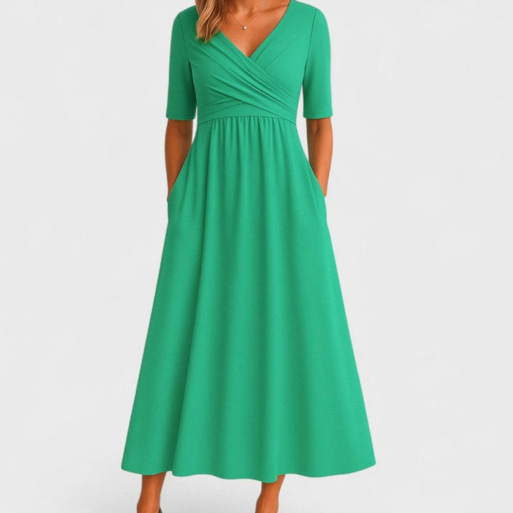 Penelope | Women's V-Neck Crossover Empire-Waist Midi Dress Pockets
