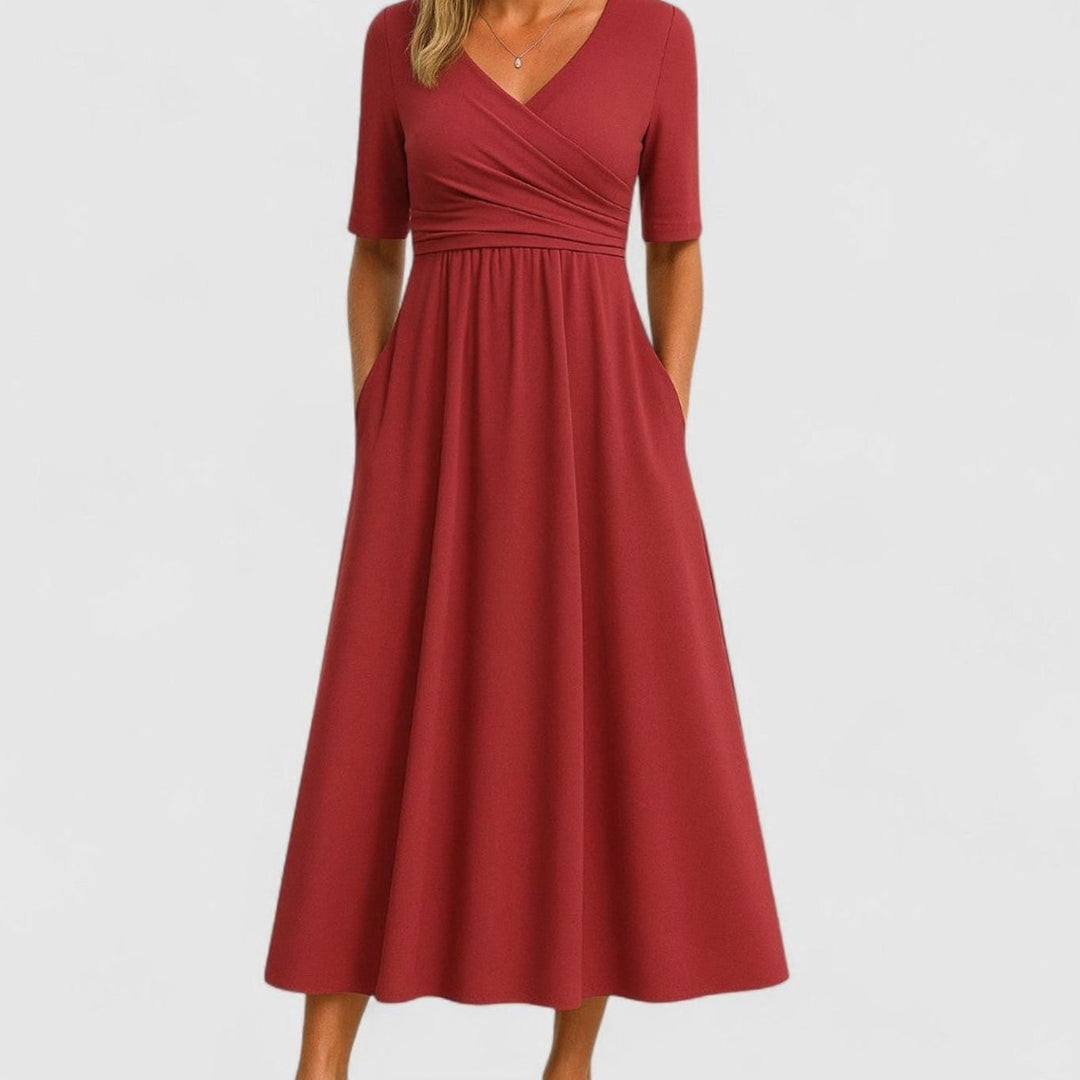 Penelope | Women's V-Neck Crossover Empire-Waist Midi Dress Pockets