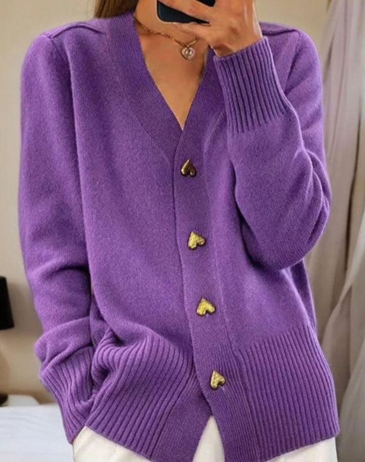 Evelyn | Women's V-Neck Heart-Button Knit Cardigan Sweater