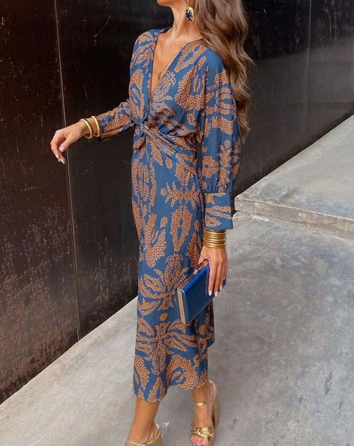 Mia | Women's V-Neck Long-Sleeve Twist-Front Printed Maxi Dress