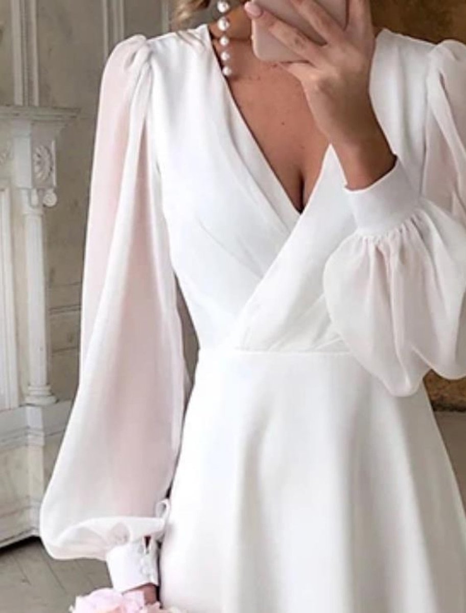 Emma | Women's V-Neck Puff Long Sleeve Dress Midi Wedding A-Line