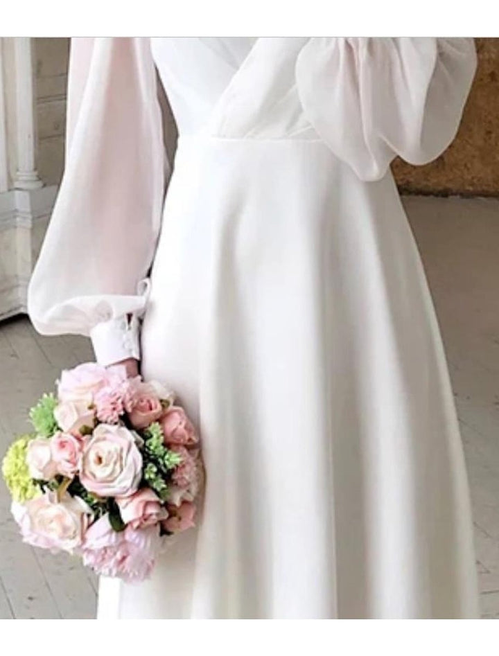 Emma | Women's V-Neck Puff Long Sleeve Dress Midi Wedding A-Line