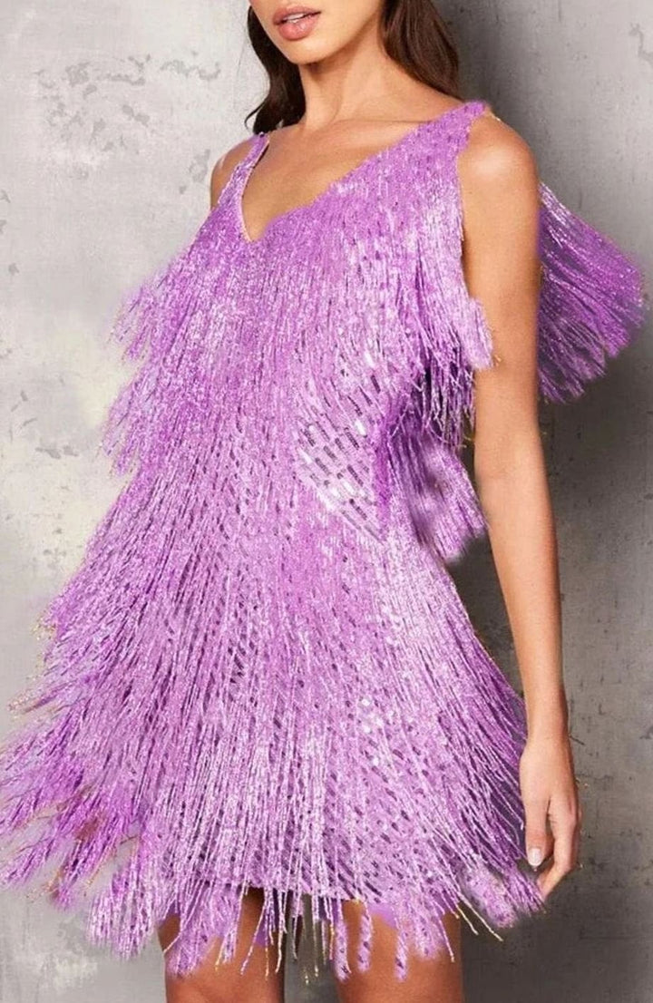 Victoria | Women's V-Neck Sequin Fringe Mini Cocktail Dress