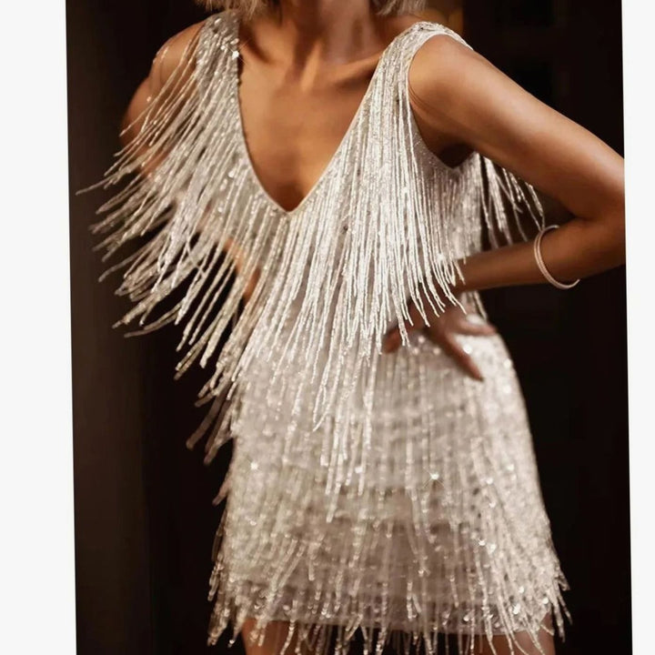Victoria | Women's V-Neck Sequin Fringe Mini Cocktail Dress