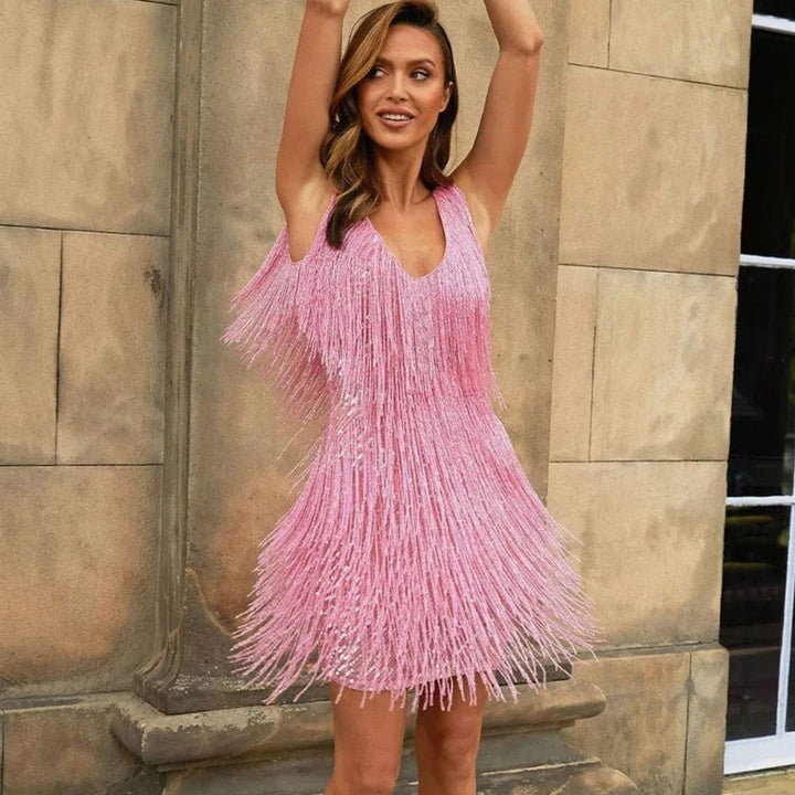 Victoria | Women's V-Neck Sequin Fringe Mini Cocktail Dress