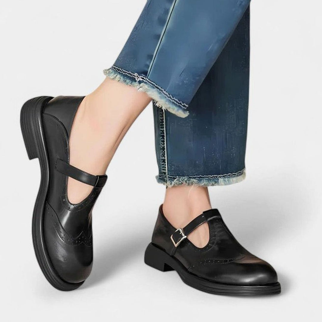 Emma | Women's Vintage Brogue Leather T-Strap Shoes Buckle Flats