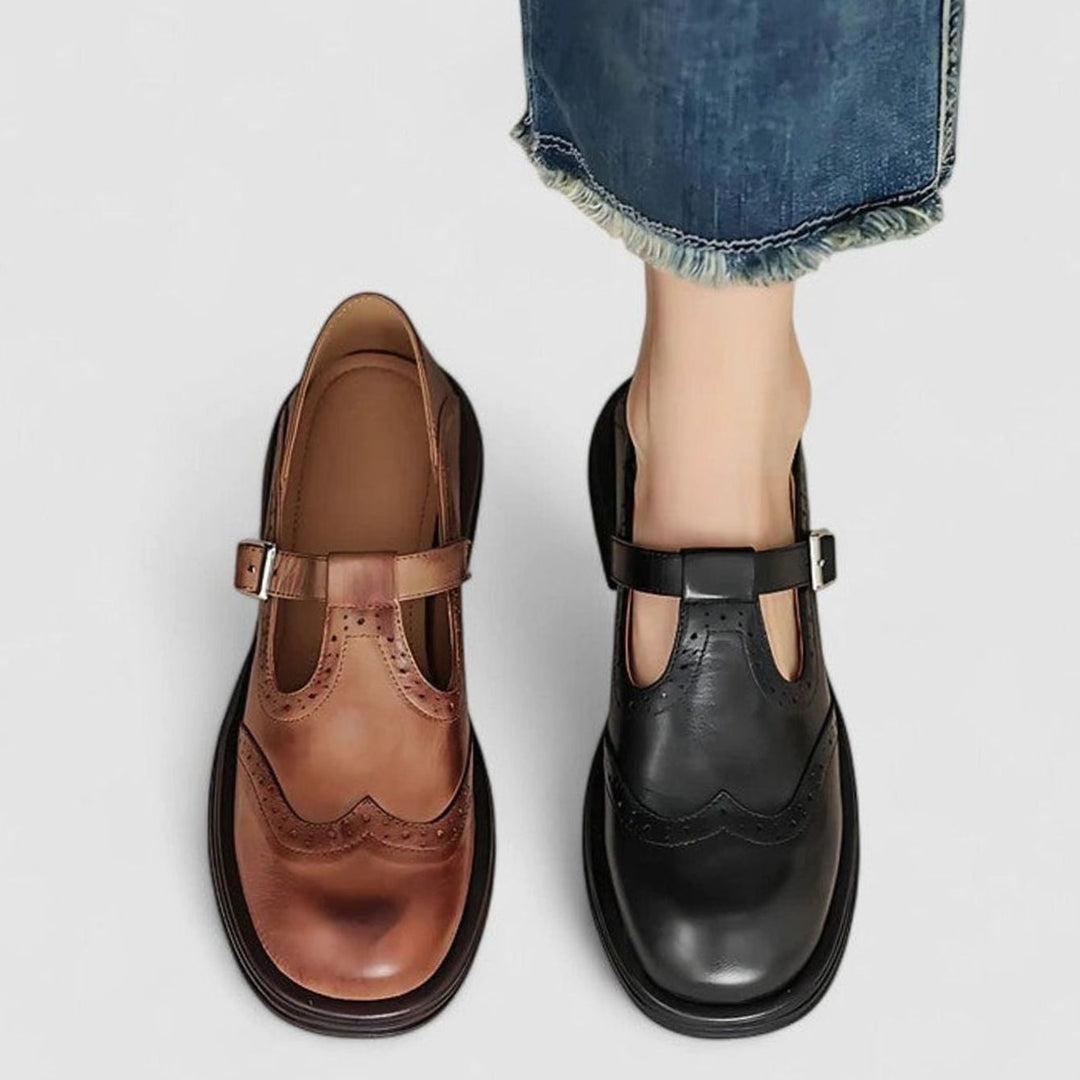 Emma | Women's Vintage Brogue Leather T-Strap Shoes Buckle Flats