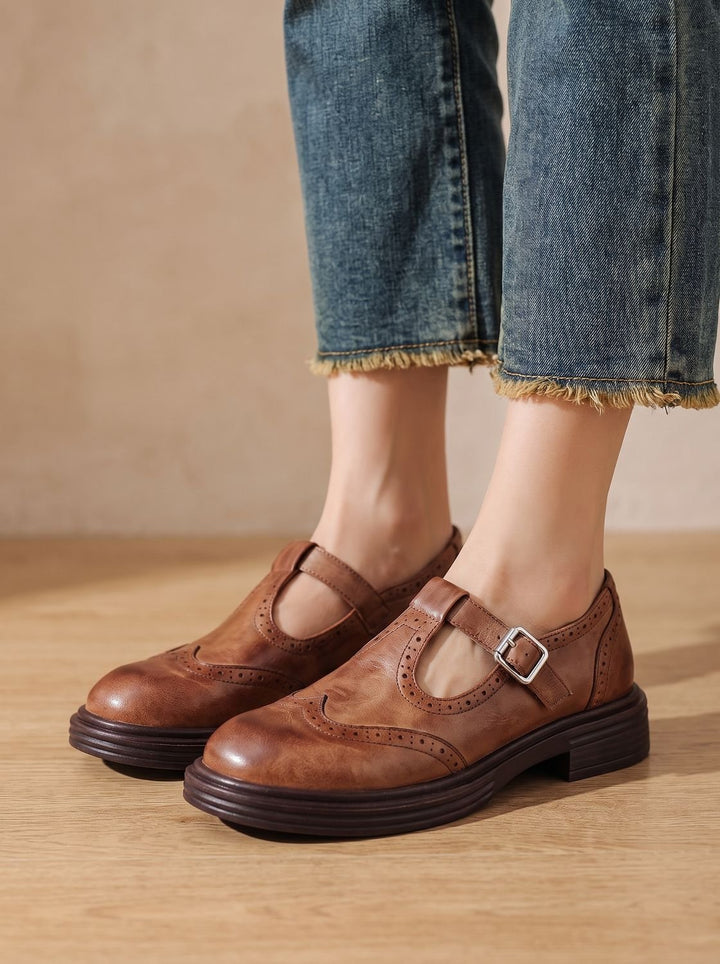 Evelyn | Women's Vintage Brogue T-Strap Buckle Mary Jane Flats
