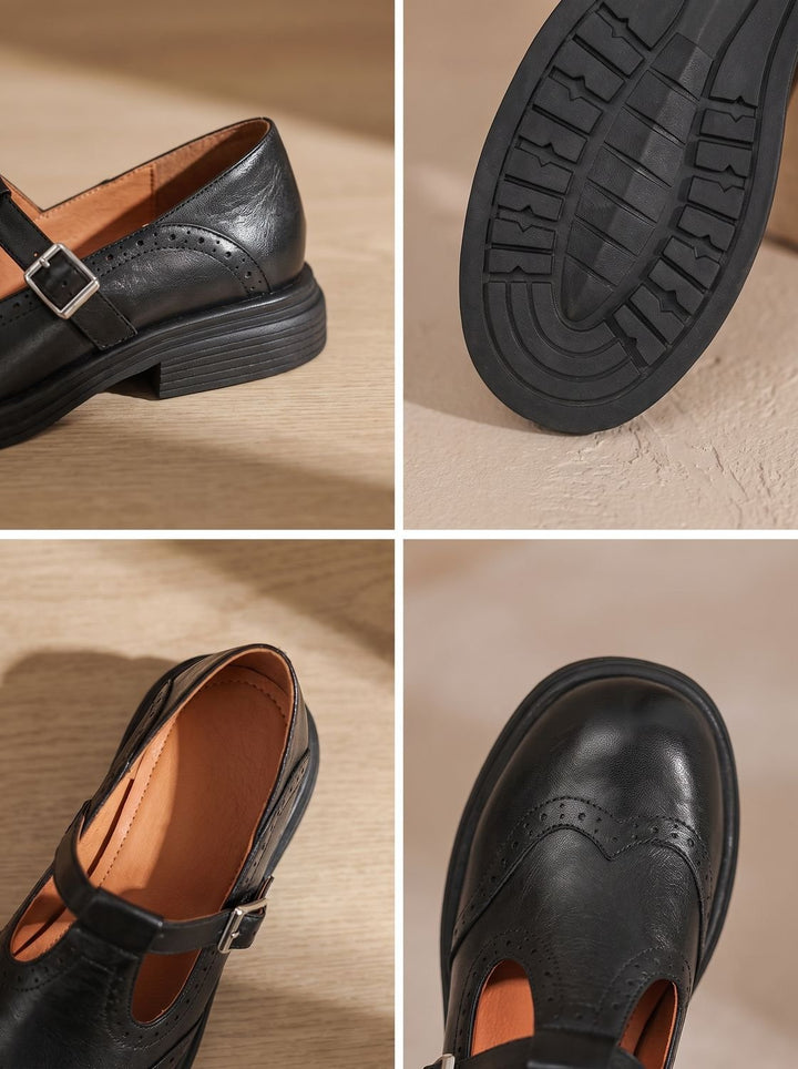Evelyn | Women's Vintage Brogue T-Strap Buckle Mary Jane Flats