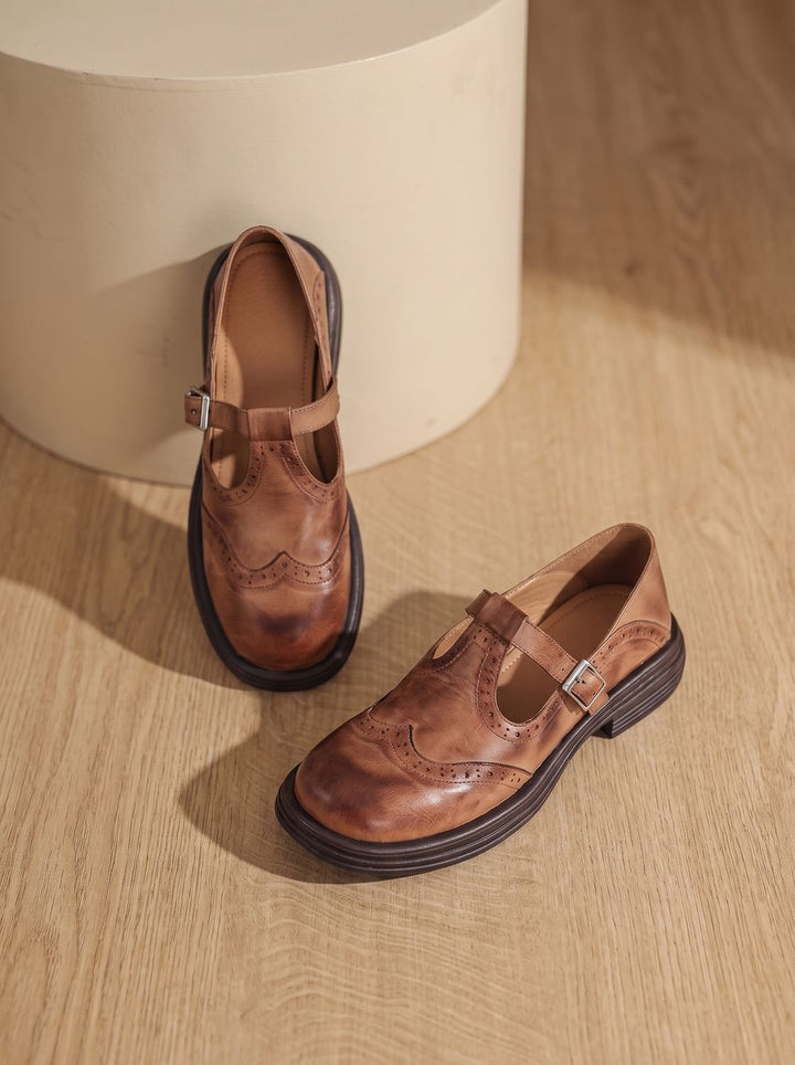 Evelyn | Women's Vintage Brogue T-Strap Buckle Mary Jane Flats