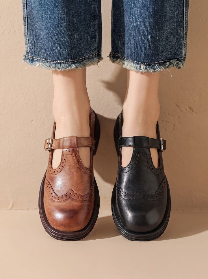 Evelyn | Women's Vintage Brogue T-Strap Buckle Mary Jane Flats