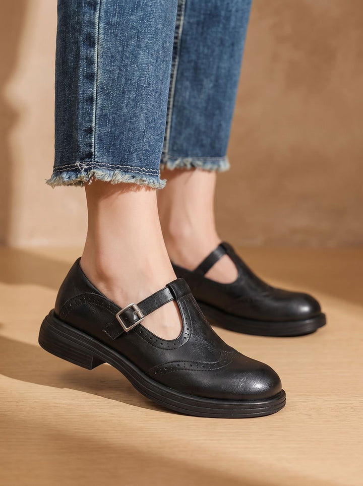 Evelyn | Women's Vintage Brogue T-Strap Buckle Mary Jane Flats