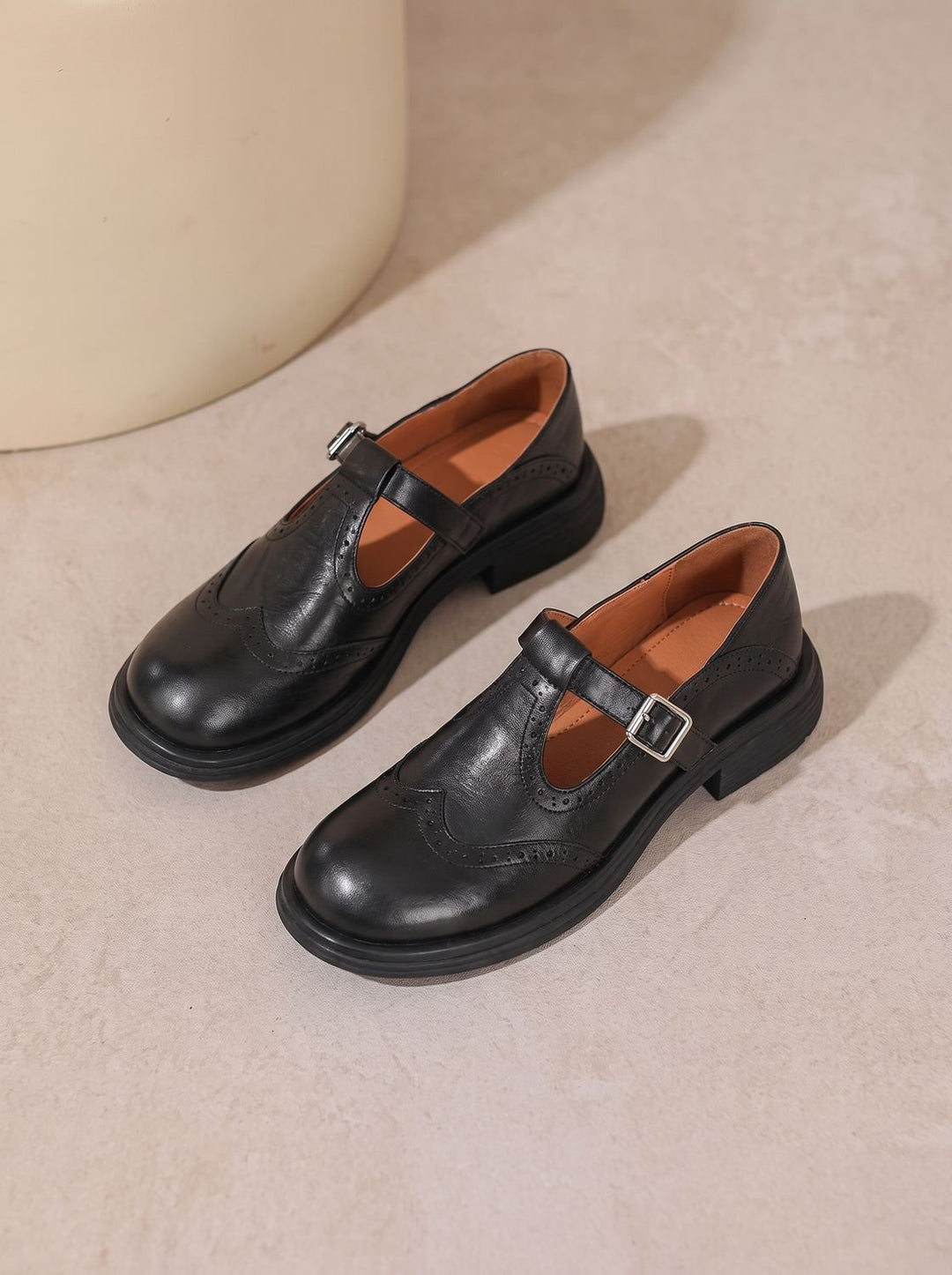 Evelyn | Women's Vintage Brogue T-Strap Buckle Mary Jane Flats