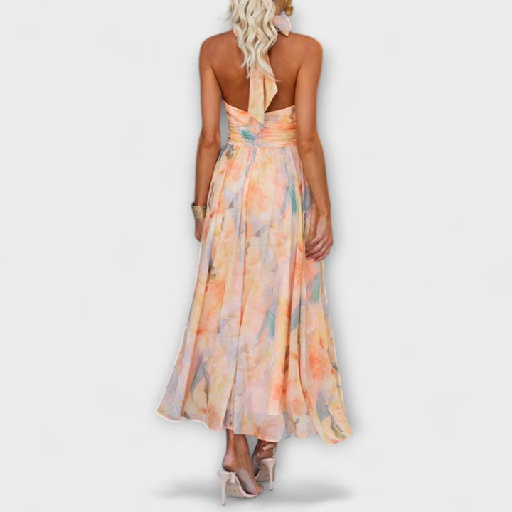 Olivia | Women's Watercolor Halter Neck Flowy Maxi Cocktail Party Dress
